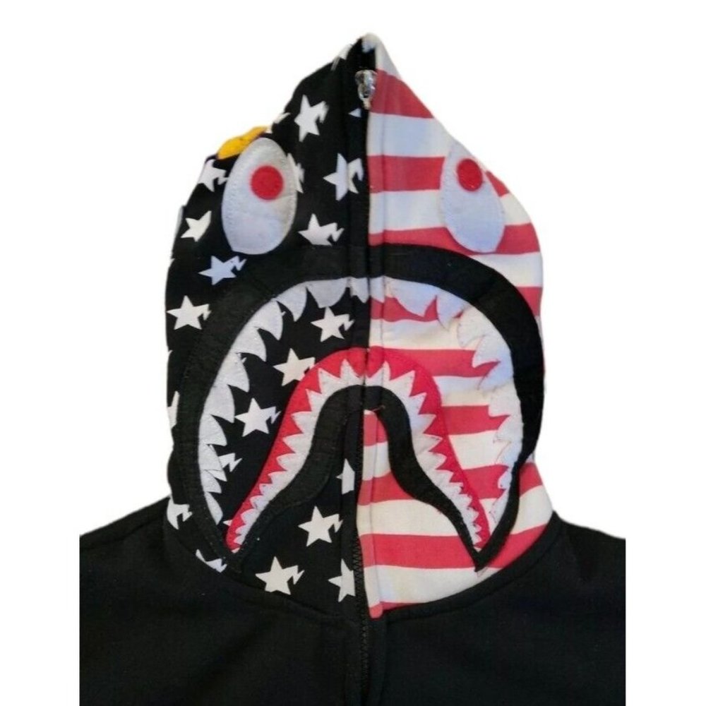 A BATHING APE BAPE Shark Stars Stripes Full Zip Black Hoodie Sweatshirt Small
